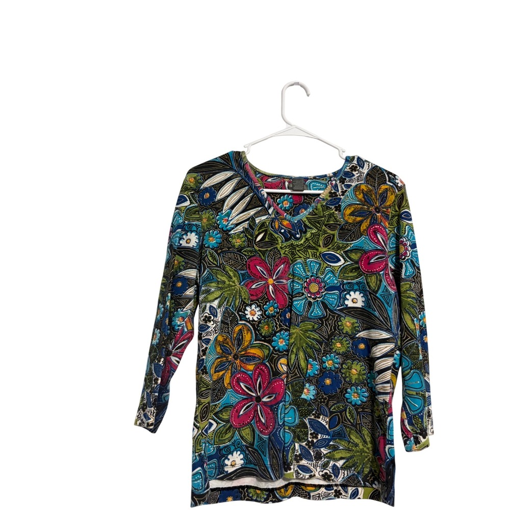 Chico's Additions Floral Paisley Top Multicolor V-Neck 3/4 Sleeve Size 2/M